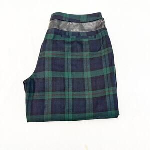 Club Monaco Plaid Patterned Straight Leg Green Slack Pants Leather Banded Size 4